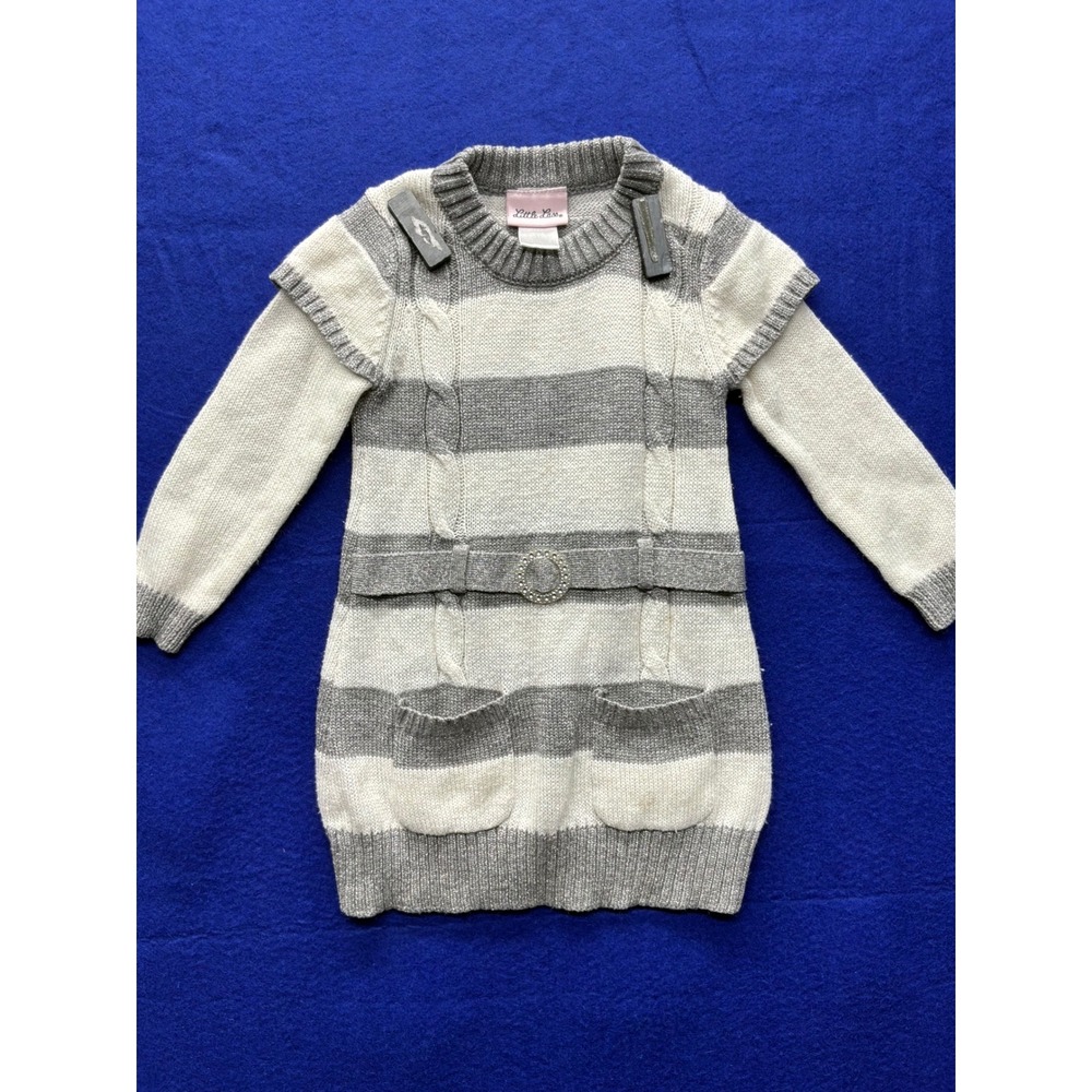 [Preppy] Girls Little Lass Sweater Dress 6X Grey White Stripe Sparkly